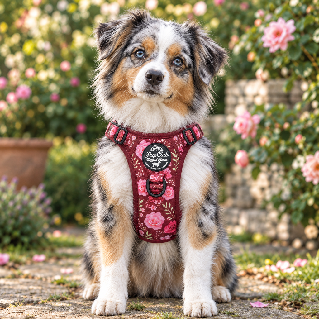 Front view of a dog wearing the Burgundy Bloom Rugged Rover dog harness by PupClub, showing the badge and D-ring