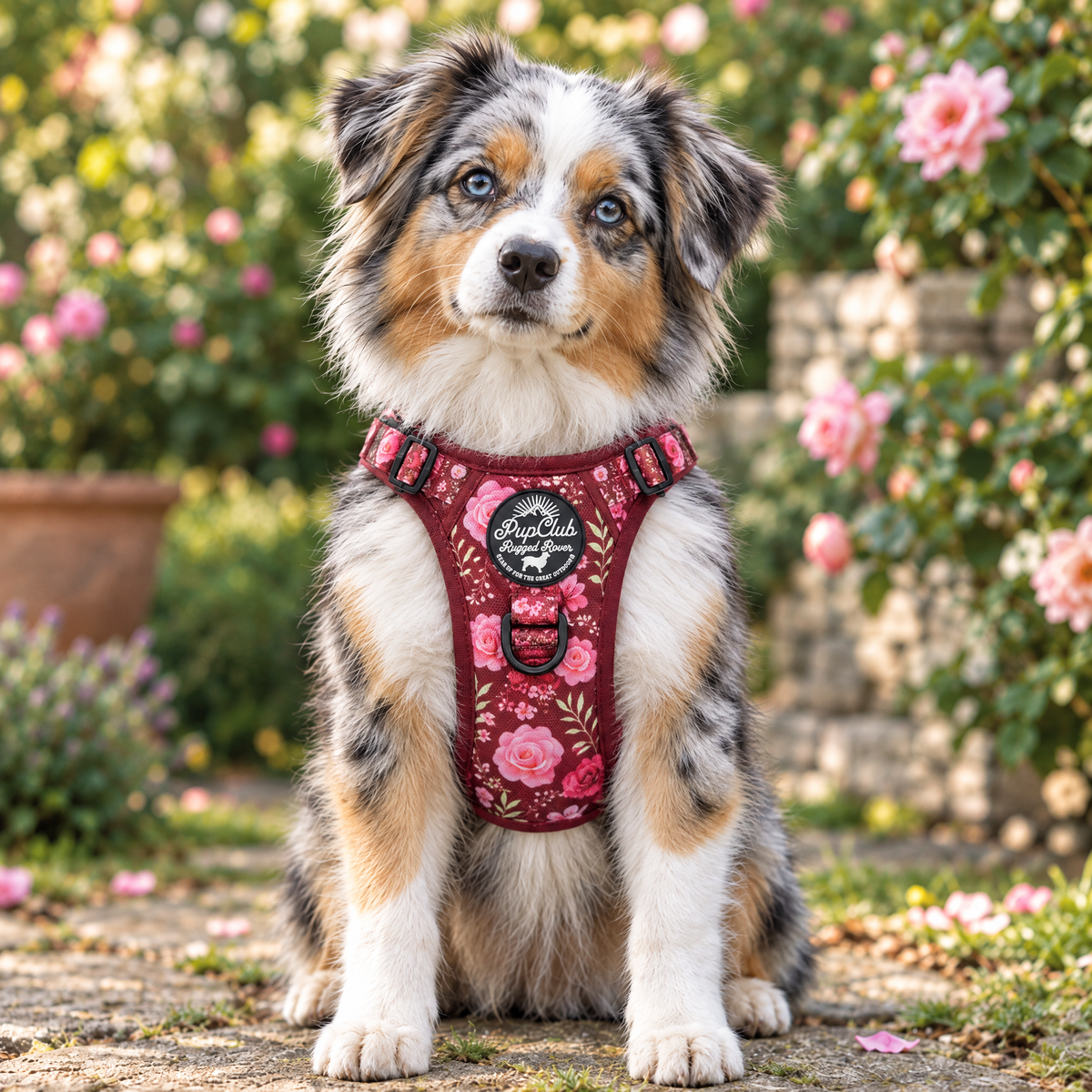 Front view of a dog wearing the Burgundy Bloom Rugged Rover dog harness by PupClub, showing the badge and D-ring