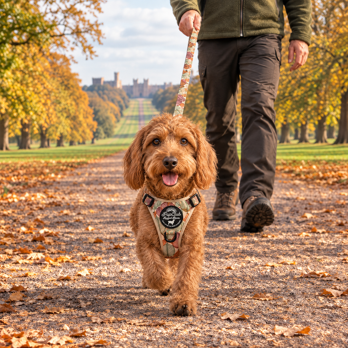 Dog out on a walk in the Autumn Breeze Rugged Rover dog harness by PupClub with matching lead