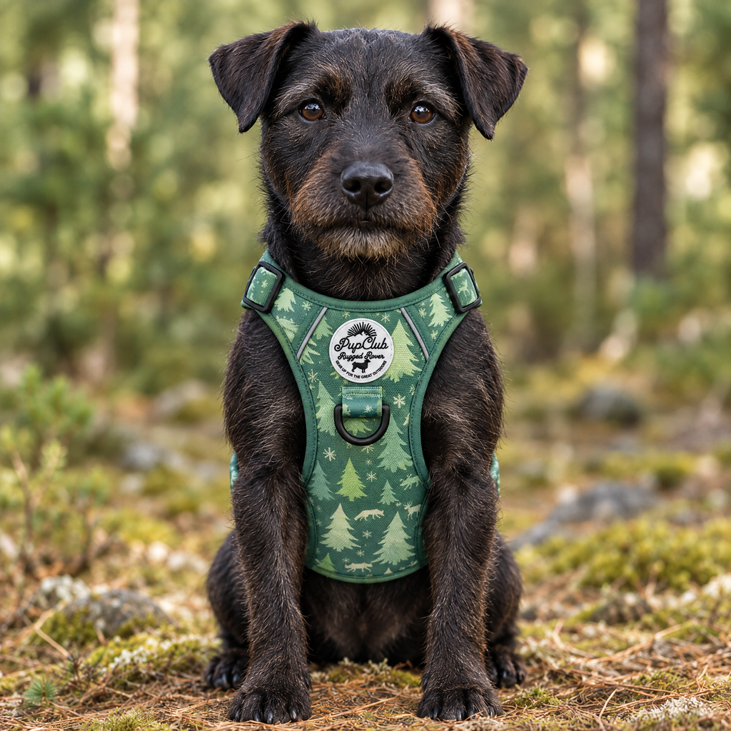 Front view of a dog wearing the Evergreen Trails Rugged Rover dog harness by PupClub, showing the badge and D-ring