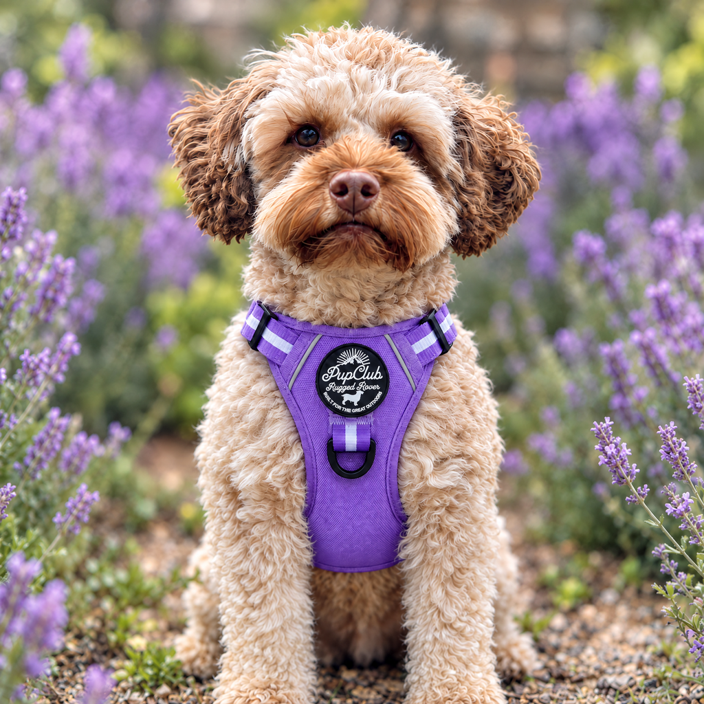 Front view of a dog wearing the Lilac Blush Rugged Rover dog harness by PupClub, showing the badge and D-ring