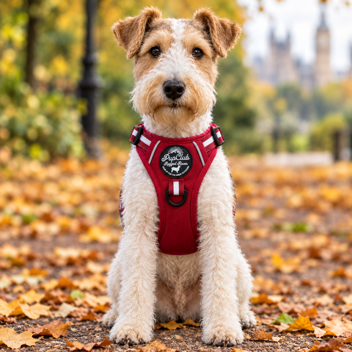 Front view of a dog wearing the Berry Red Rugged Rover dog harness by PupClub, showing the badge and D-ring