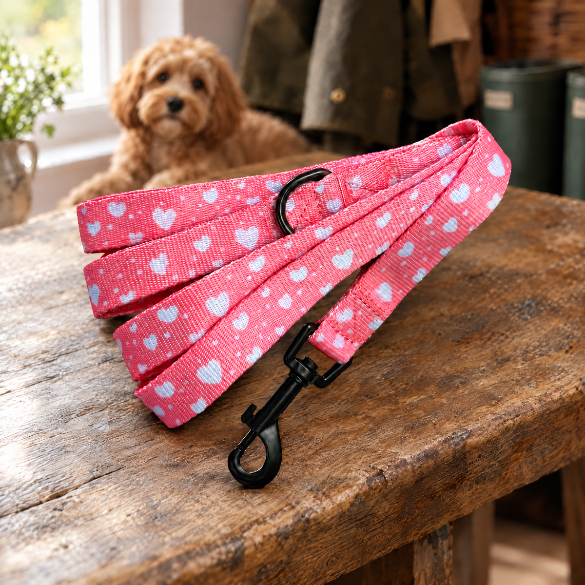 The Peachy Hearts dog lead by PupClub on a boot-room bench with a Cavapoo behind