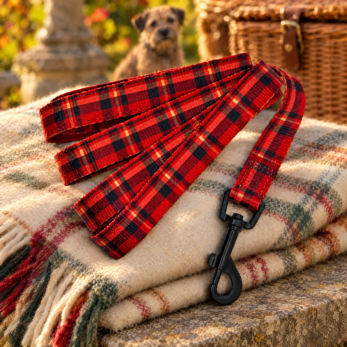The Red Tartan dog lead by PupClub on a picnic blanket with a Border Terrier behind