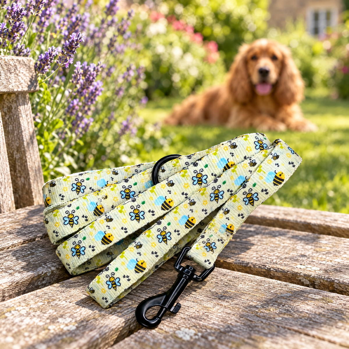 The Bee-utiful Summer dog lead by PupClub on a garden bench with a Cocker Spaniel behind