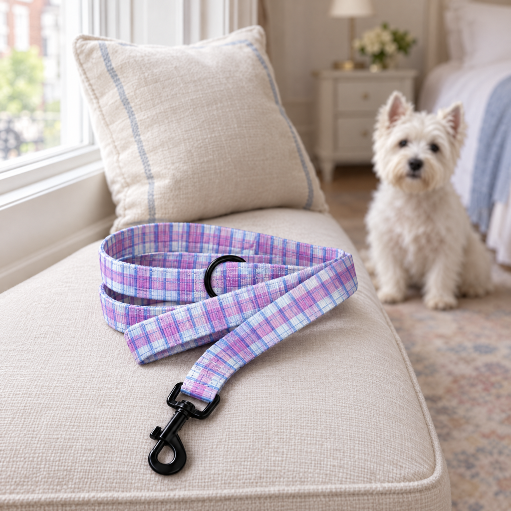 The Pink Tartan dog lead by PupClub on a window seat with a West Highland Terrier behind