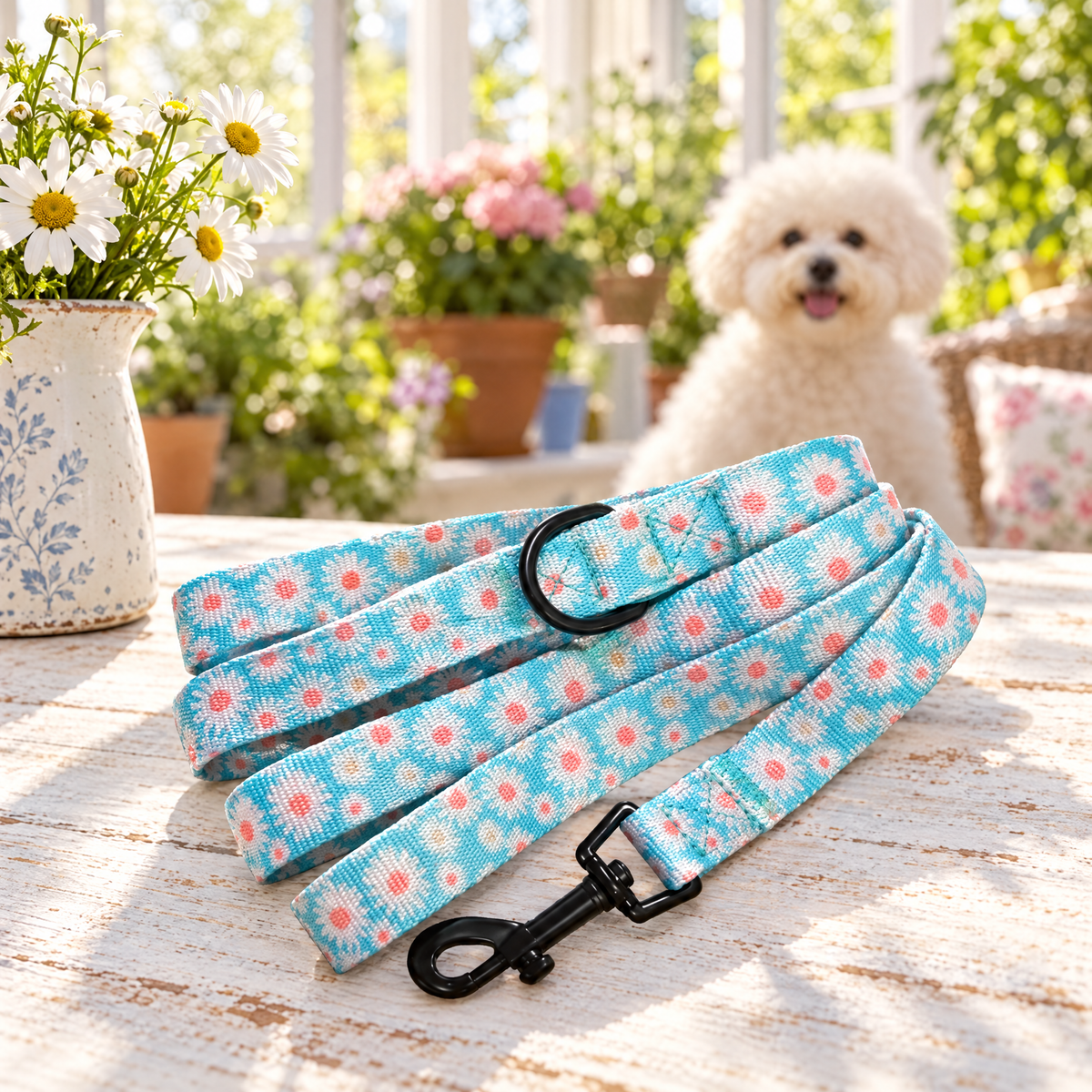 The Pastel Daisy dog lead by PupClub on a conservatory table with a Bichon Frise behind
