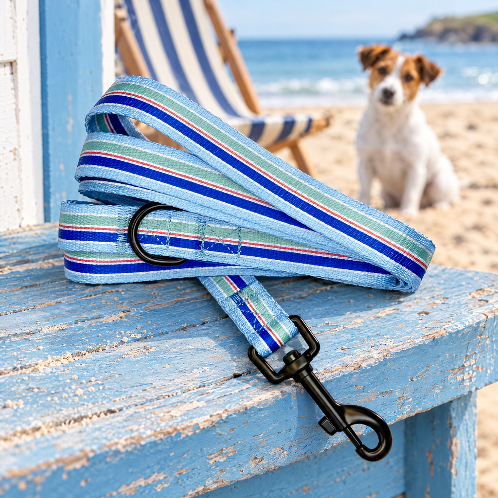 The Sea Breeze Stripes dog lead by PupClub on a beach hut deck with a Jack Russell behind