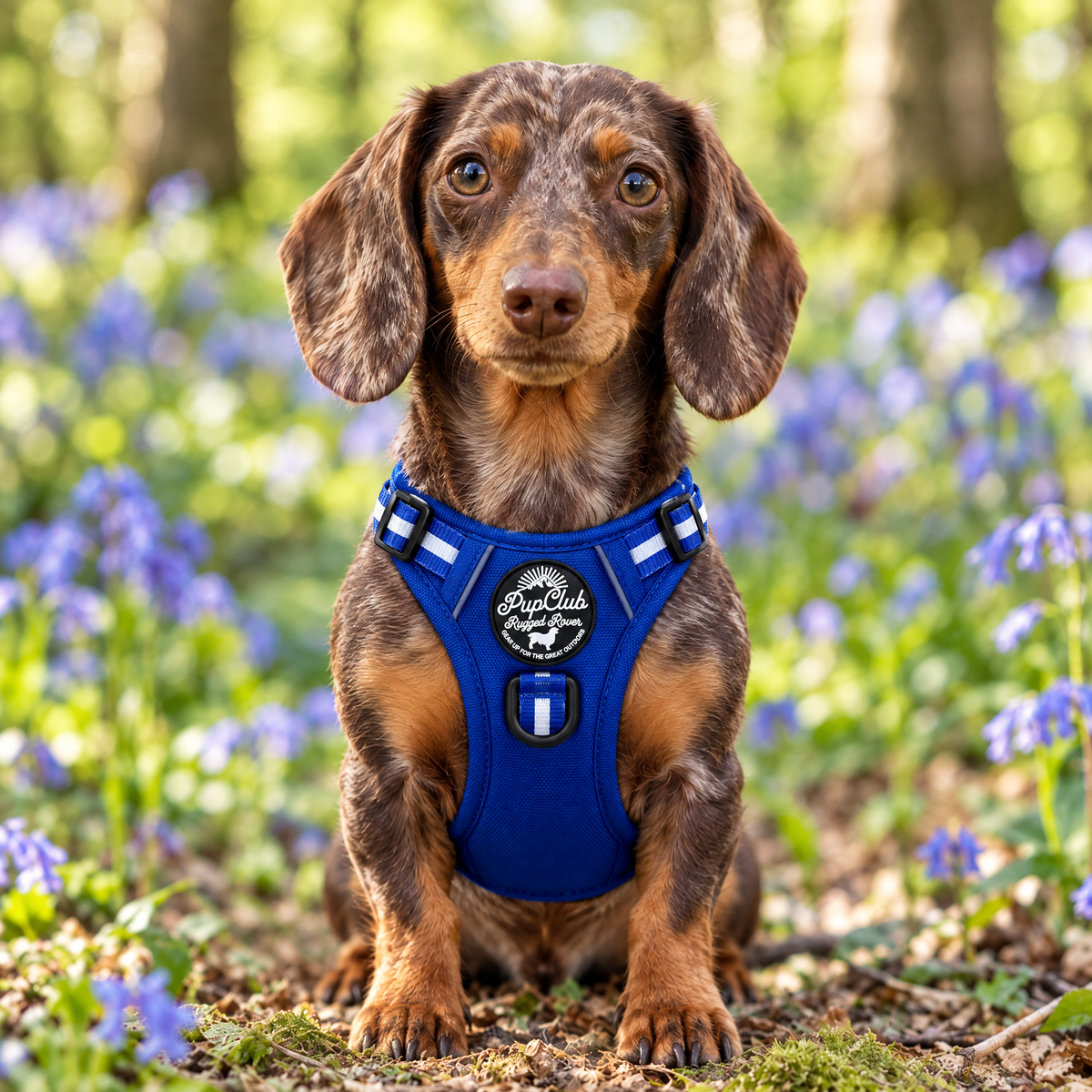 Front view of a dog wearing the Royal Blue Rugged Rover dog harness by PupClub, showing the badge and D-ring