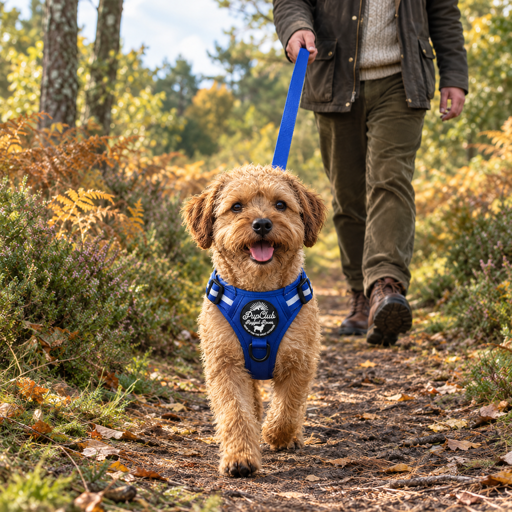 Dog out on a walk in the Royal Blue Rugged Rover dog harness by PupClub