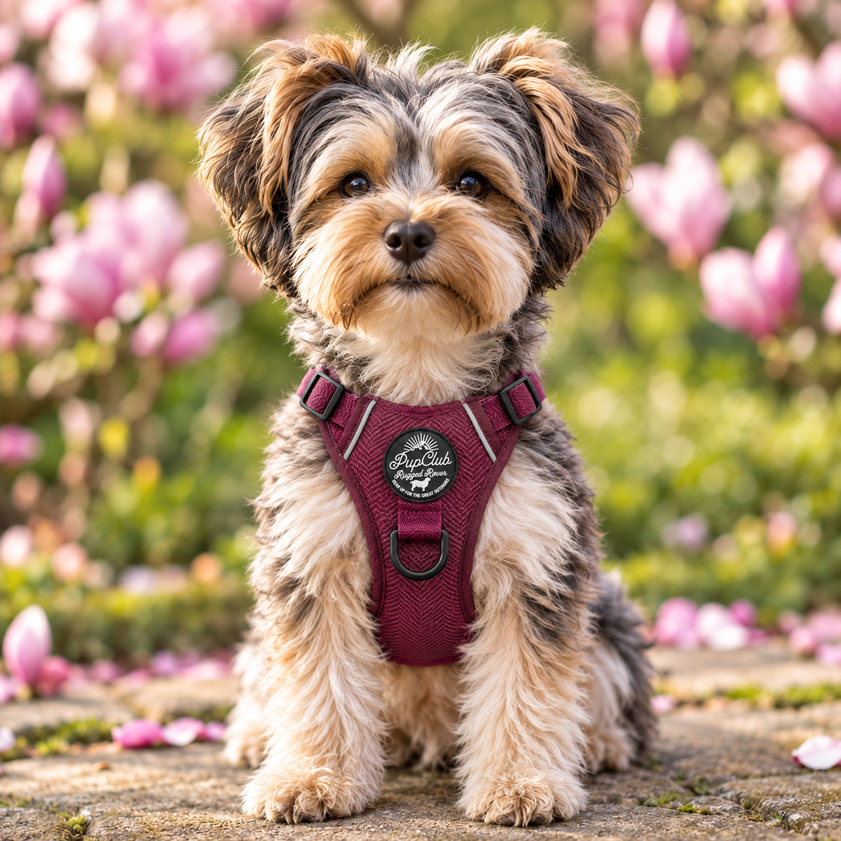 Front view of a dog wearing the Berry Tweed Rugged Rover dog harness by PupClub, showing the badge and D-ring