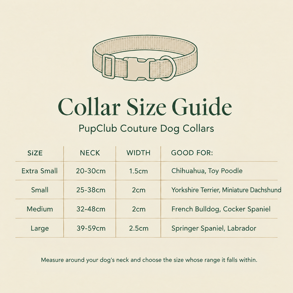 Size guide for PupClub Couture dog collars, Extra Small to Large