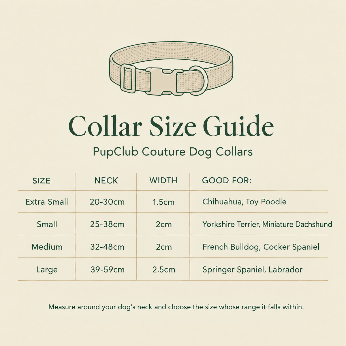 Size guide for PupClub Couture dog collars, Extra Small to Large