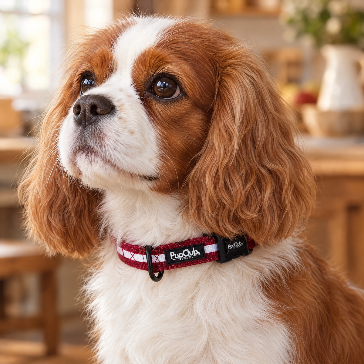 Close-up of The Berry Red Dog Collar by PupClub Couture on a Cavalier King Charles Spaniel, showing the buckle and D-ring