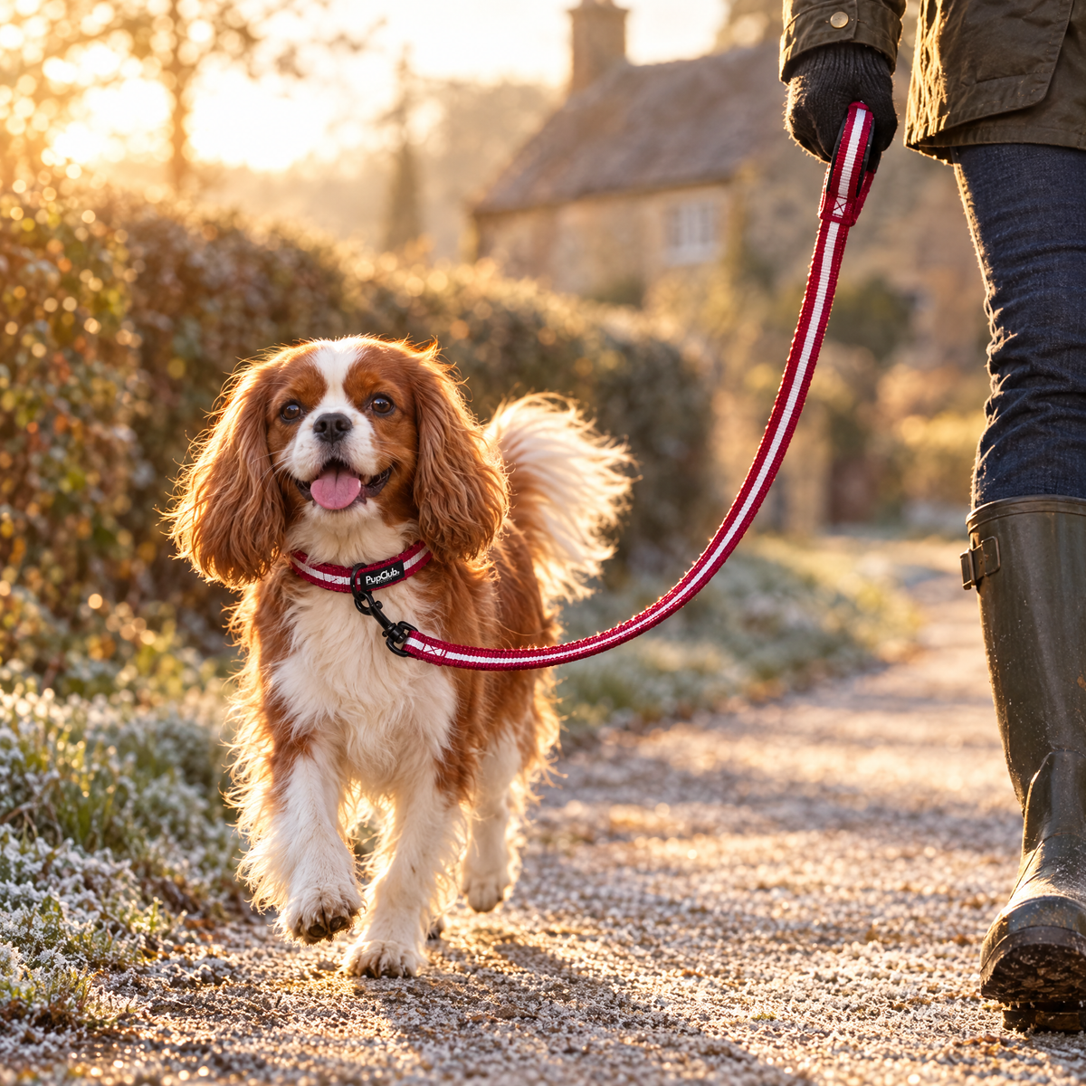 Cavalier King Charles Spaniel on a frosty village lane wearing The Berry Red Dog Collar by PupClub Couture with the matching lead