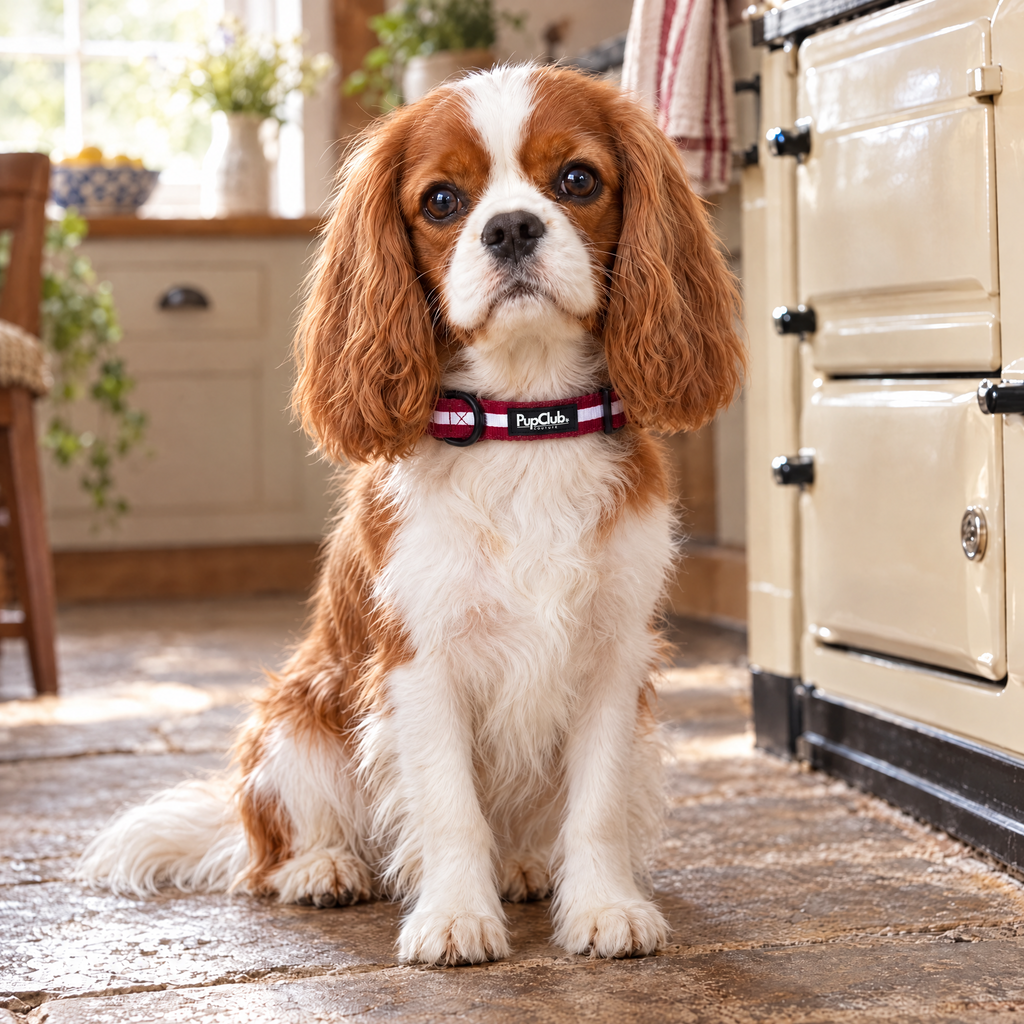 Blenheim Cavalier King Charles Spaniel sitting in a country kitchen wearing The Berry Red Dog Collar by PupClub Couture