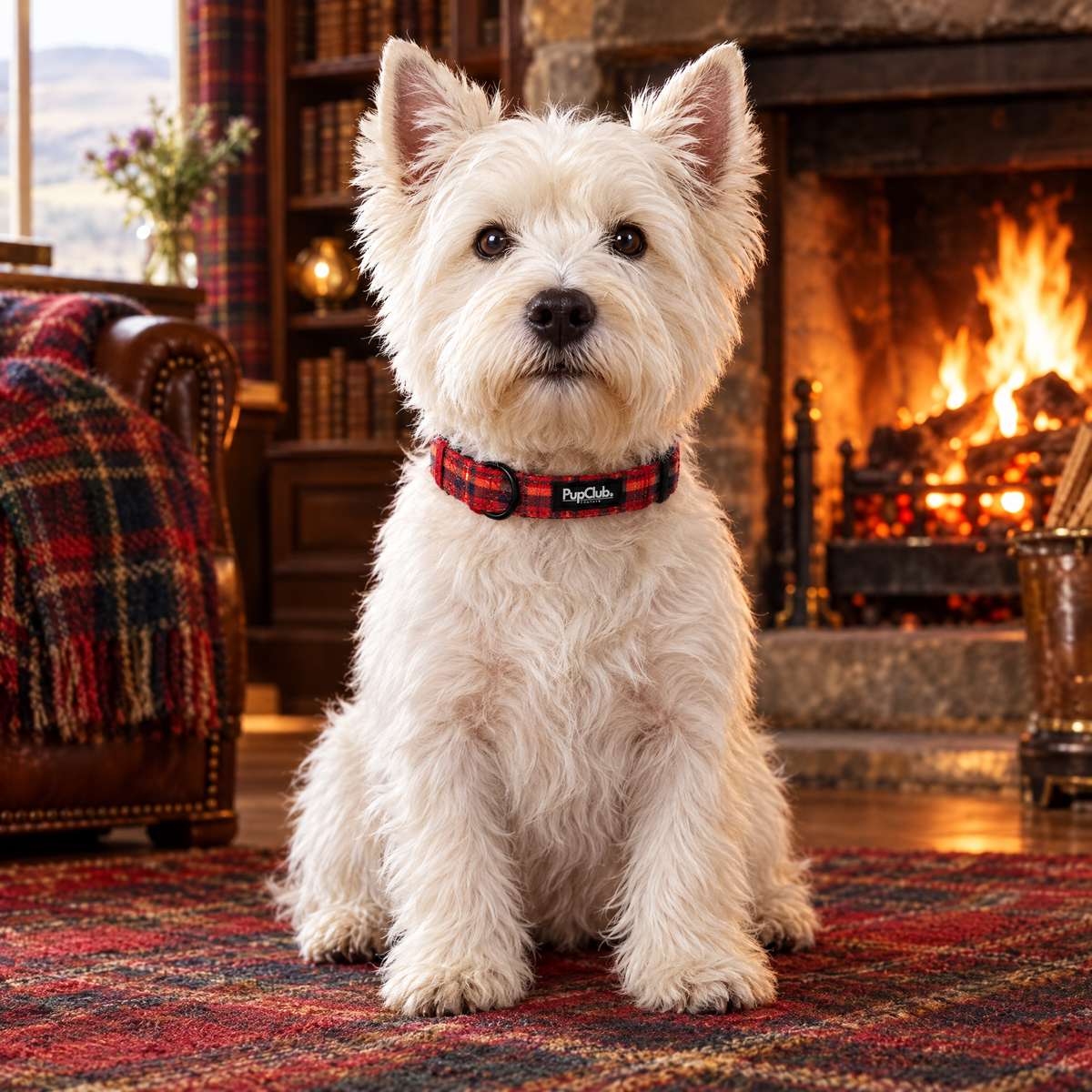 West Highland White Terrier sitting by a fireside in a Scottish library wearing The Red Tartan Dog Collar by PupClub Couture