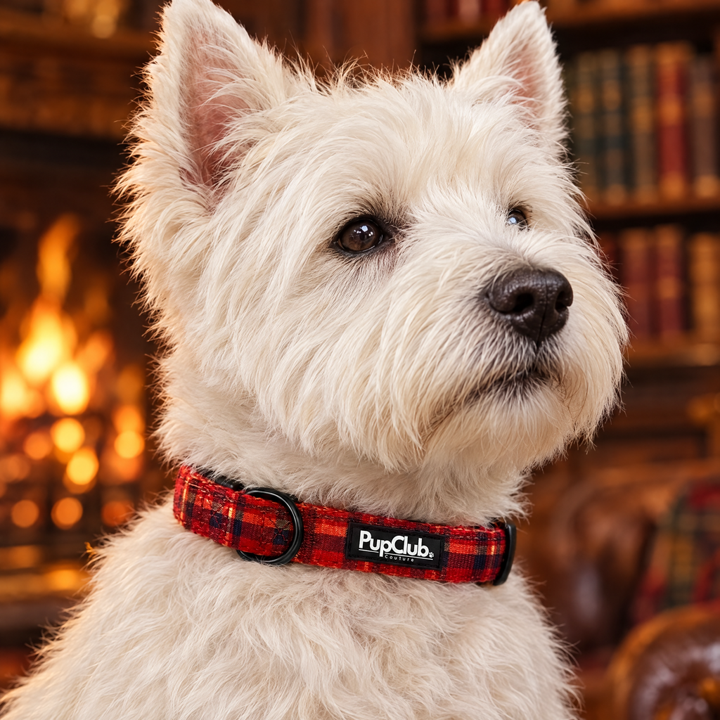 Close-up of The Red Tartan Dog Collar by PupClub Couture on a Westie, showing the buckle and D-ring