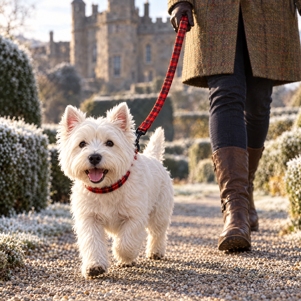 Westie walking through a frosty castle garden wearing The Red Tartan Dog Collar by PupClub Couture with the matching lead
