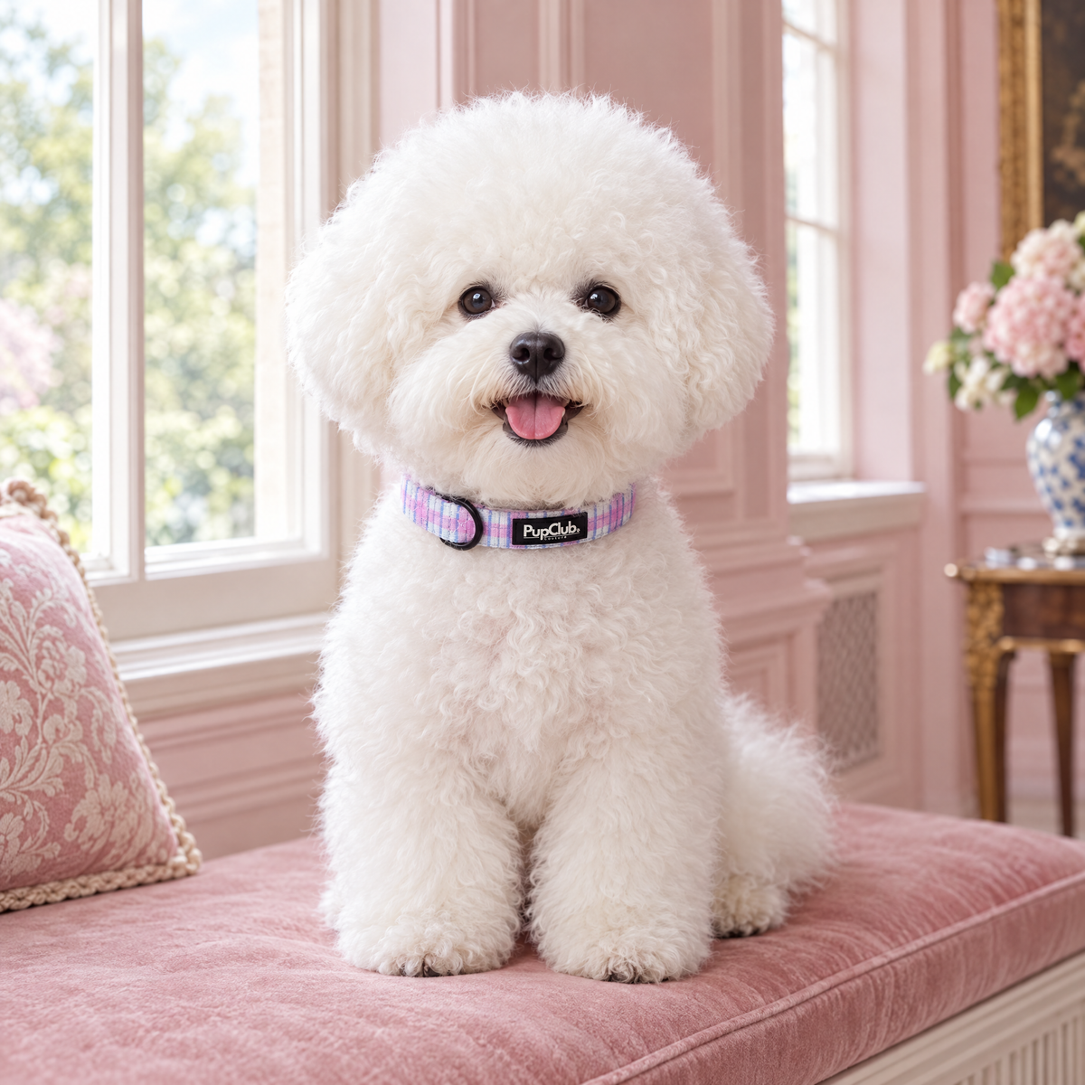 Bichon Frise sitting on a window seat in a pink Georgian drawing room wearing The Pink Tartan Dog Collar by PupClub Couture