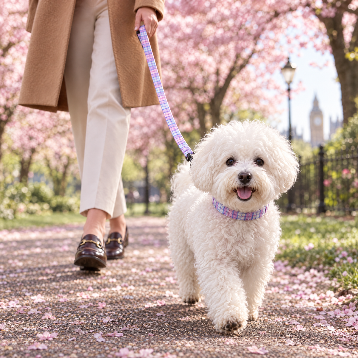 Bichon Frise walking under cherry blossom wearing The Pink Tartan Dog Collar by PupClub Couture with the matching lead