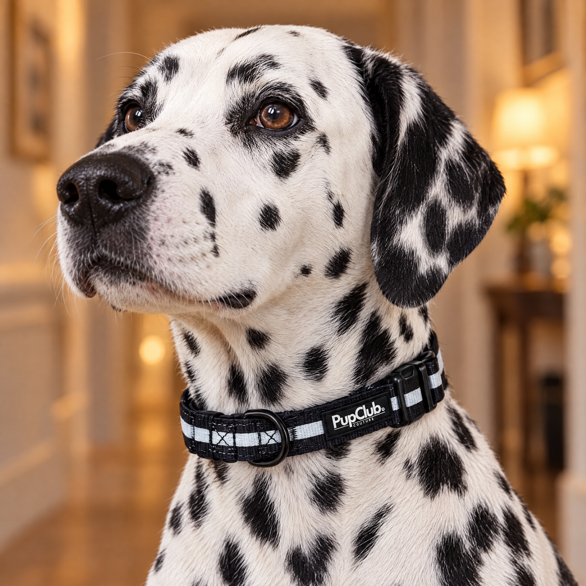 Close-up of The Midnight Black Dog Collar by PupClub Couture on a Dalmatian, showing the buckle and D-ring