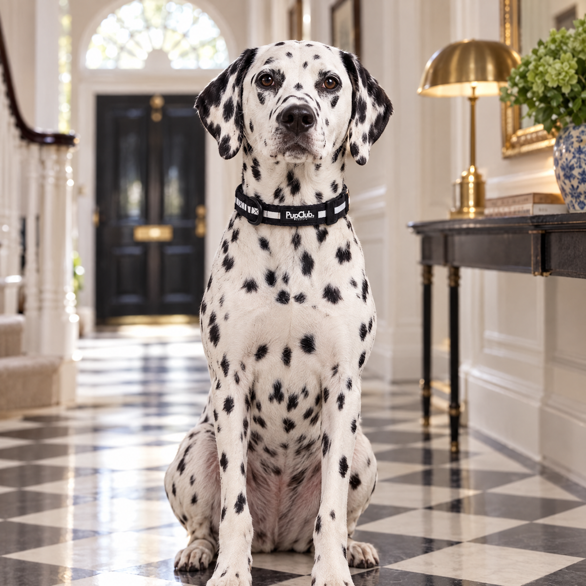 Dalmatian sitting in a Notting Hill townhouse hallway wearing The Midnight Black Dog Collar by PupClub Couture