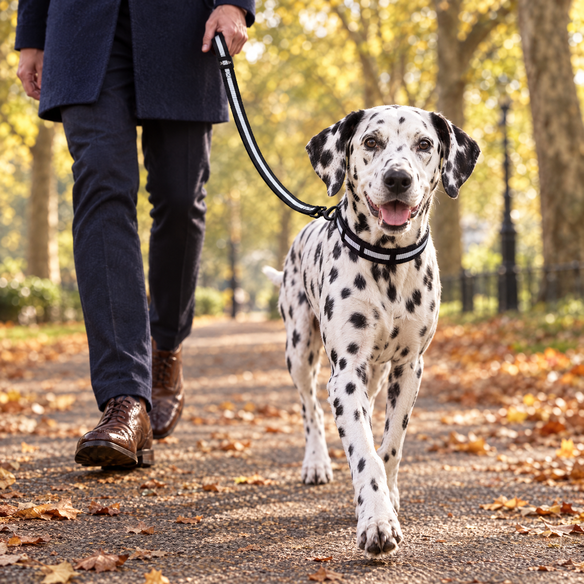 Dalmatian walking in Hyde Park in autumn wearing The Midnight Black Dog Collar by PupClub Couture with the matching lead