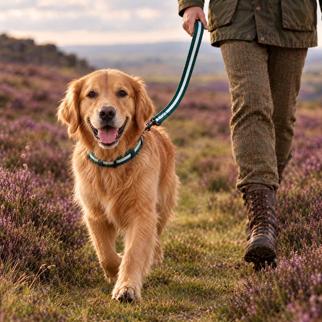 Golden Retriever walking on a Yorkshire heather moor wearing The Forest Green Dog Collar by PupClub Couture with the matching lead