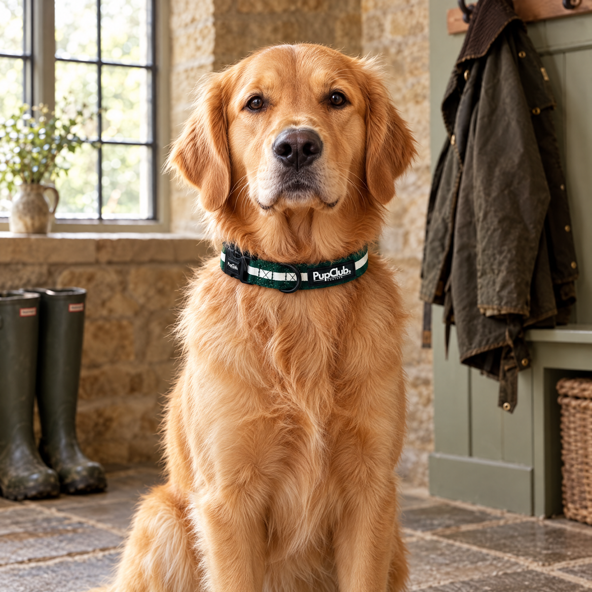 Golden Retriever sitting in a Cotswold boot room wearing The Forest Green Dog Collar by PupClub Couture