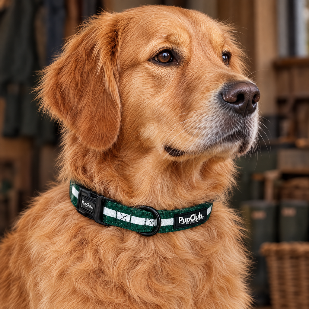 Close-up of The Forest Green Dog Collar by PupClub Couture on a Golden Retriever, showing the buckle and D-ring