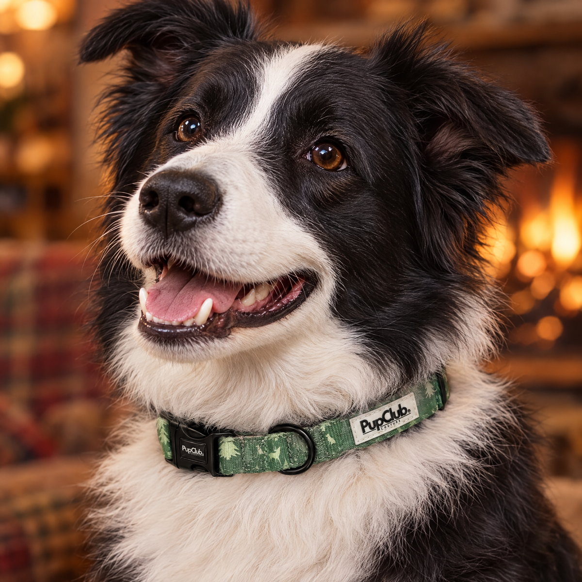 Close-up of The Evergreen Trails Dog Collar by PupClub Couture on a Border Collie, showing the buckle and D-ring