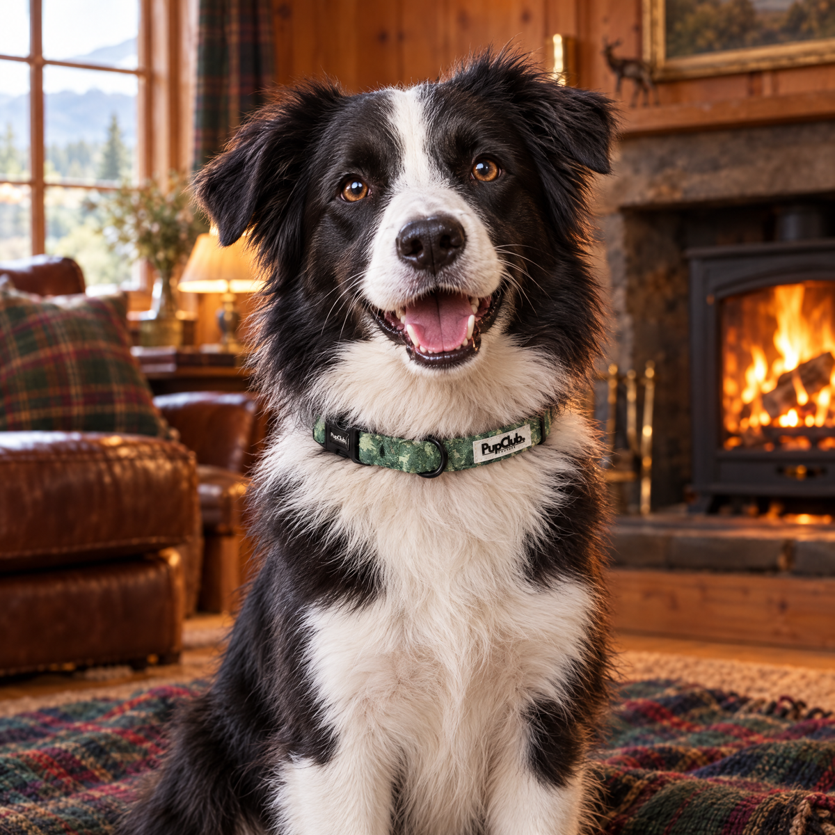 Border Collie sitting by the fire in a Perthshire lodge wearing The Evergreen Trails Dog Collar by PupClub Couture