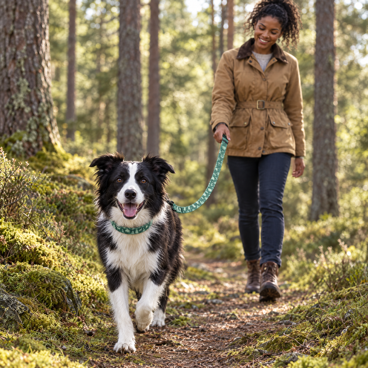 Border Collie walking through a pine forest wearing The Evergreen Trails Dog Collar by PupClub Couture with the matching lead