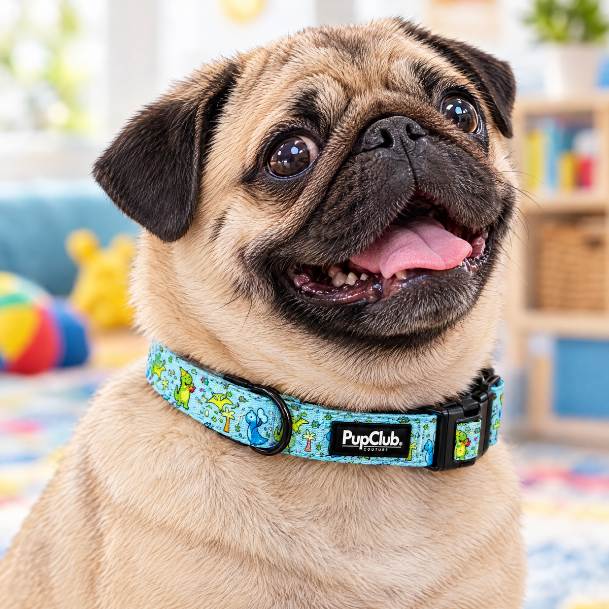 Close-up of The Jurassic Party Dog Collar by PupClub Couture on a Pug, showing the buckle and D-ring