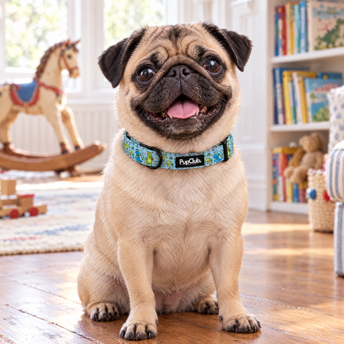 Pug sitting in a Victorian playroom wearing The Jurassic Party Dog Collar by PupClub Couture