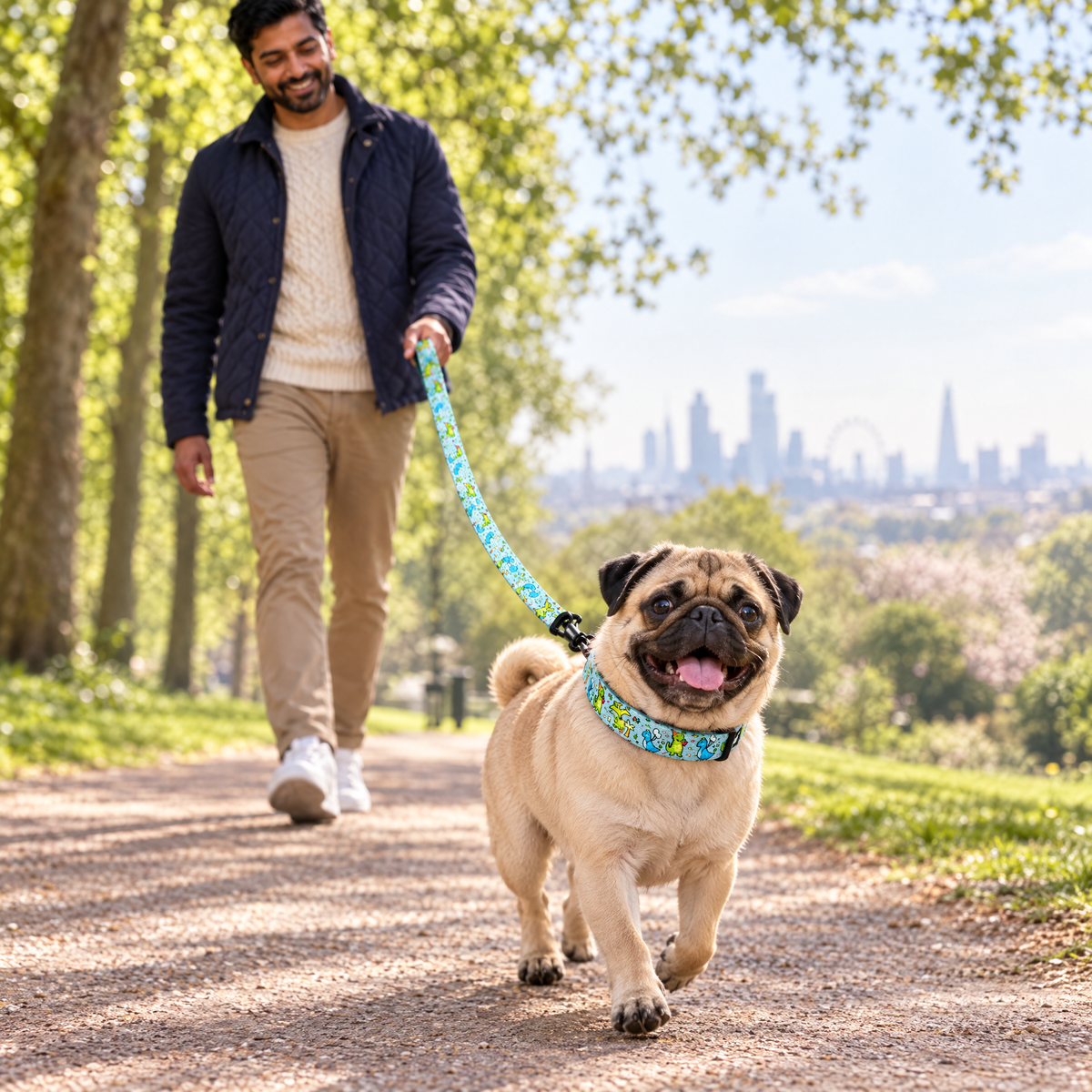 Pug walking on Primrose Hill wearing The Jurassic Party Dog Collar by PupClub Couture with the matching lead