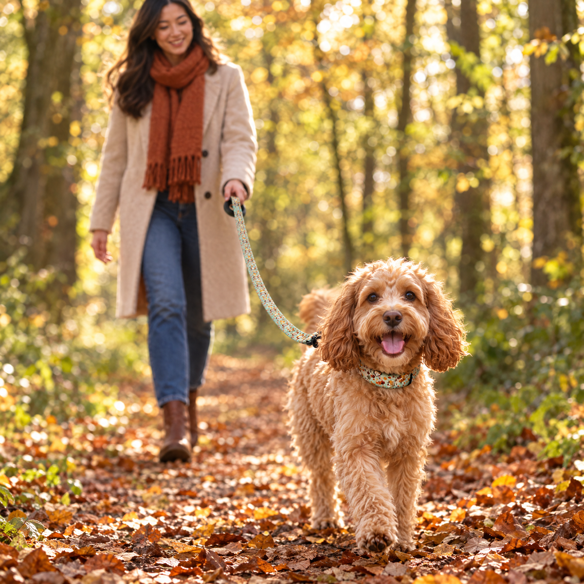 Cockapoo walking in Epping Forest with The Woodland Friends Dog Lead by PupClub Couture clipped to the matching collar