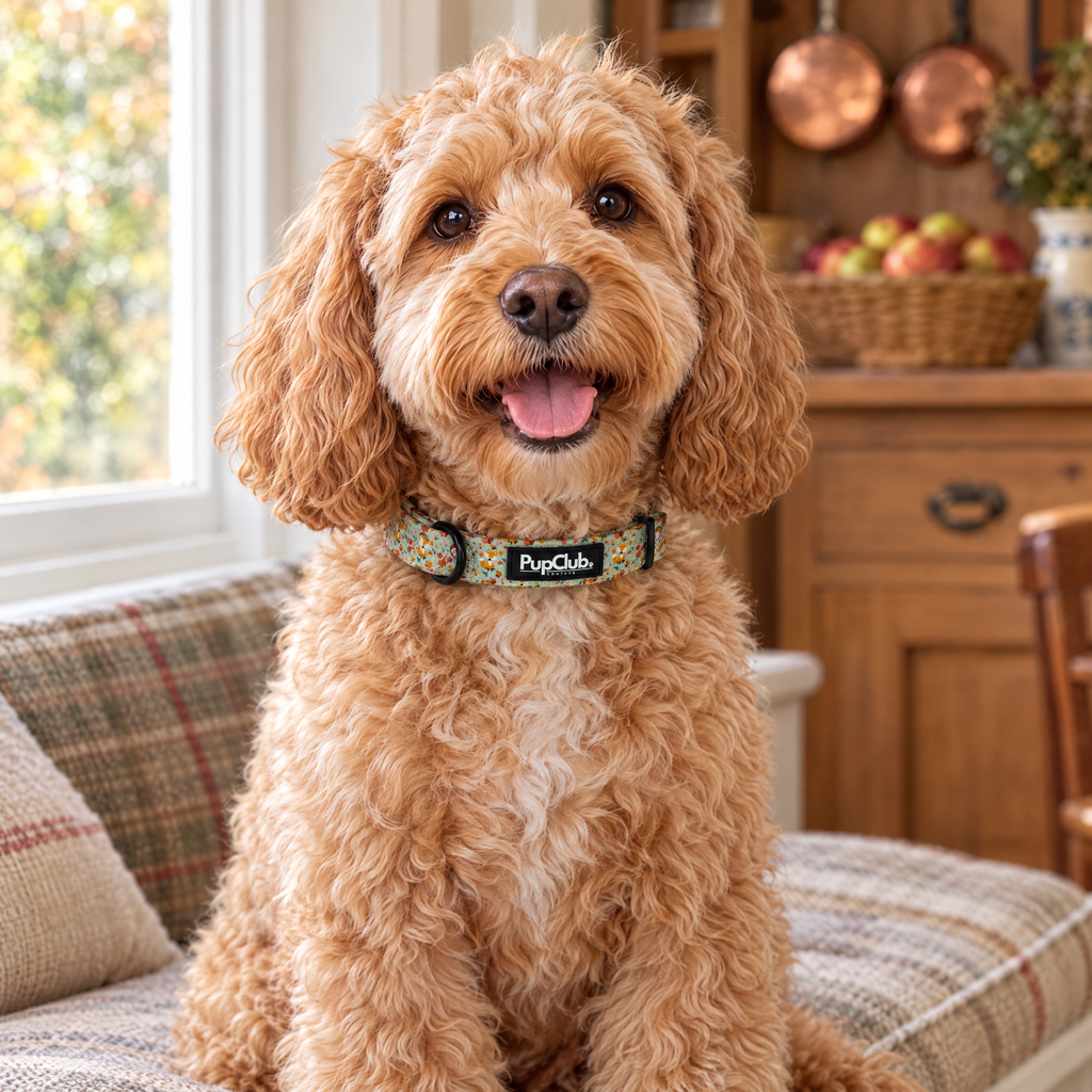 Cockapoo sitting in a Sussex farmhouse kitchen wearing The Woodland Friends Dog Collar by PupClub Couture