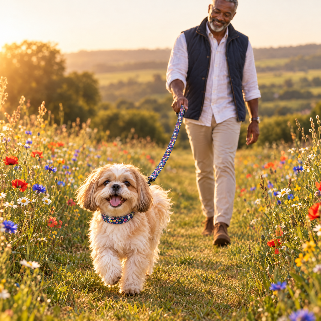 Shih Tzu walking through a wildflower meadow wearing The Summer Meadow Dog Collar by PupClub Couture with the matching lead