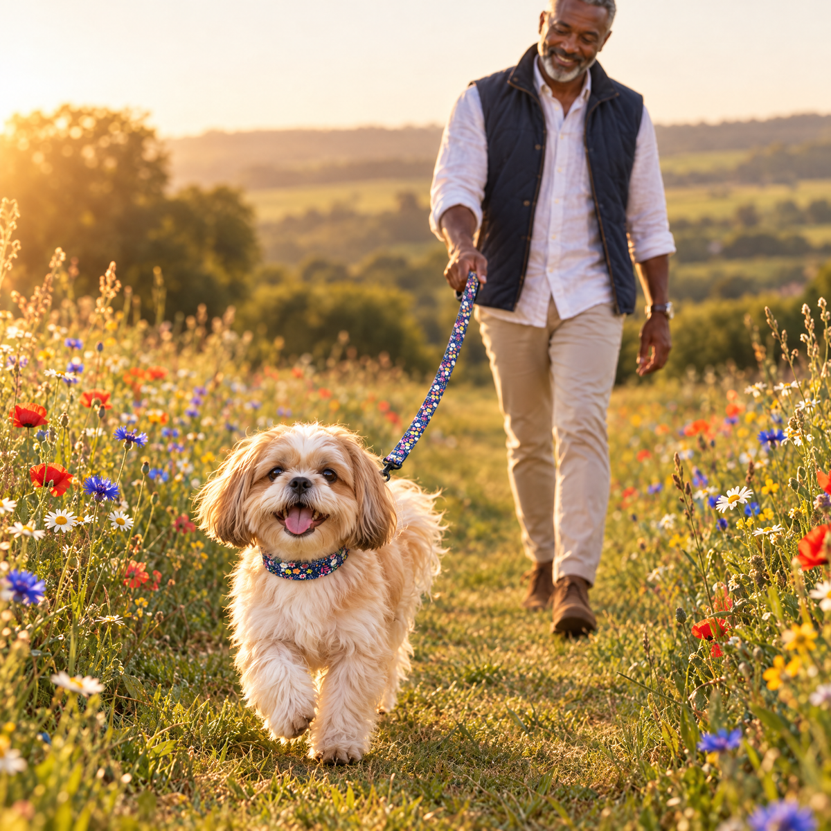Shih Tzu walking through a wildflower meadow with The Summer Meadow Dog Lead by PupClub Couture clipped to the matching collar