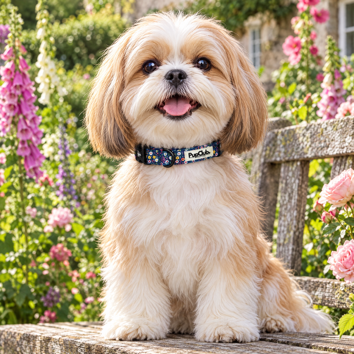 Shih Tzu sitting on a bench in an English cottage garden wearing The Summer Meadow Dog Collar by PupClub Couture
