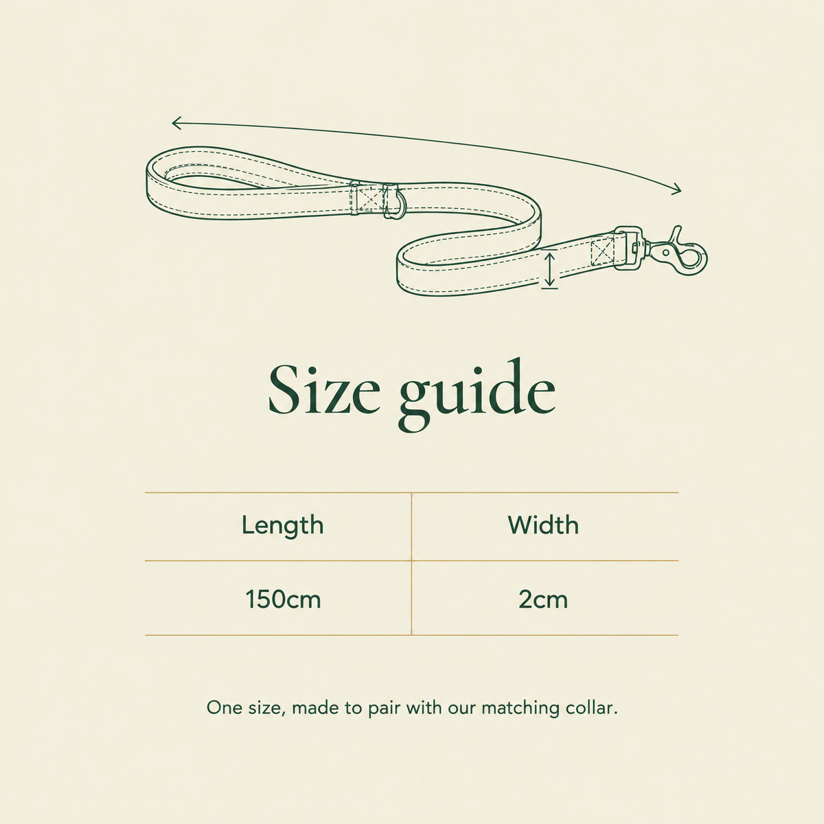 Size guide for PupClub Couture dog leads: 150cm long, 2cm wide