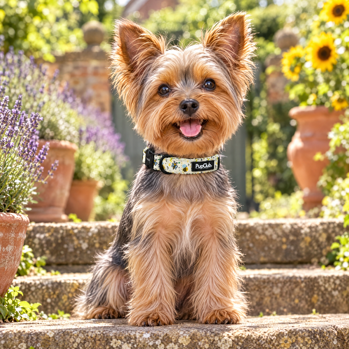 Yorkshire Terrier sitting in a walled kitchen garden wearing The Bee-utiful Summer Dog Collar by PupClub Couture