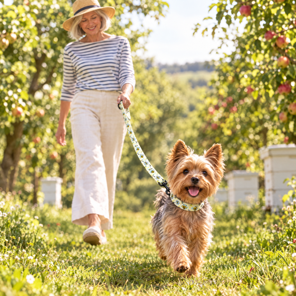 Yorkshire Terrier walking through an orchard with The Bee-utiful Summer Dog Lead by PupClub Couture clipped to the matching collar