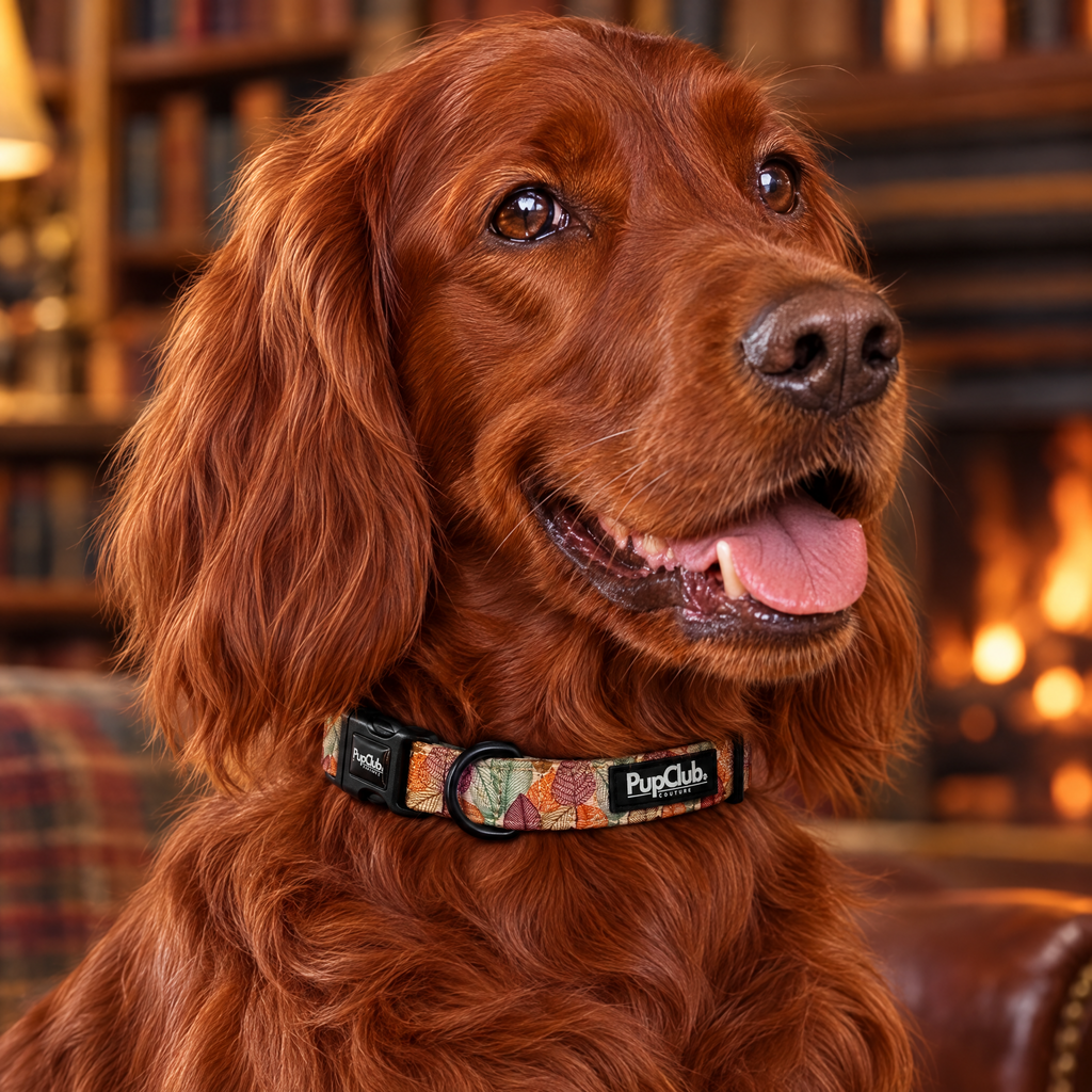 Close-up of The Autumn Breeze Dog Collar by PupClub Couture on an Irish Red Setter, showing the buckle and D-ring