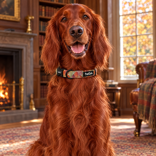 Irish Red Setter sitting in a country house library wearing The Autumn Breeze Dog Collar by PupClub Couture