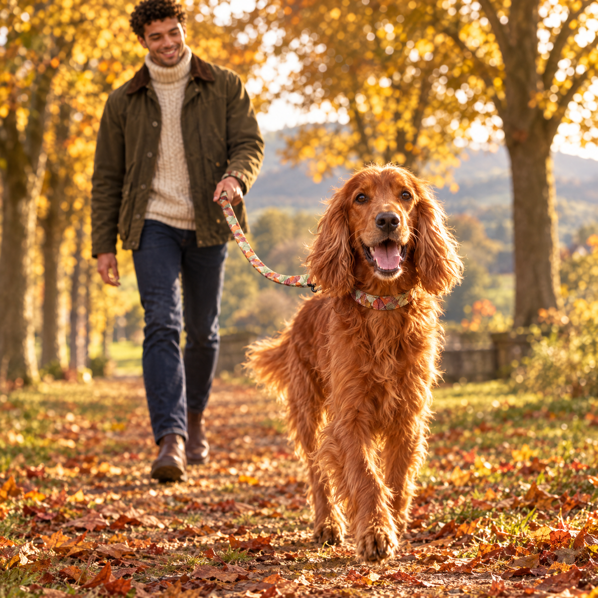 Irish Red Setter walking down a beech avenue with The Autumn Breeze Dog Lead by PupClub Couture clipped to the matching collar