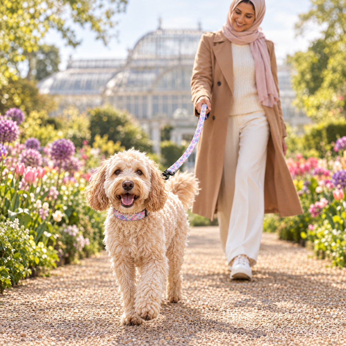 Labradoodle walking through a botanical garden with The Pretty Petals Dog Lead by PupClub Couture clipped to the matching collar