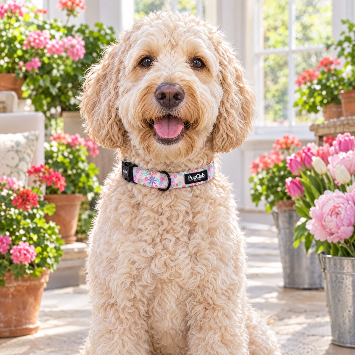 Labradoodle sitting in a garden room with tulips wearing The Pretty Petals Dog Collar by PupClub Couture